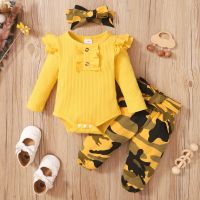 MIK*0-18M Newborn Baby Girl Clothes Baby Girl Long Sleeve Bodysuit + Camouflage Pants 3Pcs Set Ruffle Romper Clothing Autumn Fashion Toddler Baby Girl Jumpsuit Clothes Baby Girl Clothes Suit