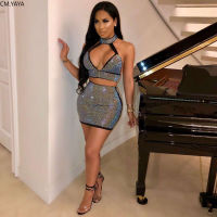 Women Skirt Set Sleeveless Halter O-Neck Top+Skirts Suit Hot Drilling Two Piece Set Sexy Backless Tracksuit Bandage Outfit GL567