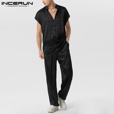 INCERUN ชุดสูทลำลองสำหรับผู้ชายเสื้อยืดที่ปิดแขนเสื้อกางเกงขายาวชุดบ่งบอกเชื้อชาติ (สไตล์ตะวันตก)