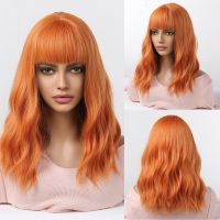 Orange Cosplay Synthetic Hair Short Wigs Copper Ginger Natural Wavy Wigs with Bangs for Women Deep Wavy Bob Wig Medium Length Wig  Hair Extensions Pad