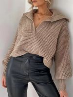 ♣✠ 2023 Ladies Lantern Sleeve Knitted Sweater Crinkle V Neck Loose Long-Sleeved Cardigan