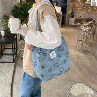 Corduroy Top-handle Bags Retro Women Shoulder Bag Smile Face Cute Prints Reusable Large Capacity for School Girls