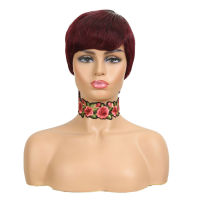 Lekker Short Straight Pixie Cut Human Hair Wig For Women Natural Brazilian Remy Machine Made Ombre Burdy Red 613 Blonde Wigs