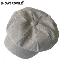 SHOWERSMILE ผ้าลินินผู้หญิงหมวก Newsboy สไตล์บุรุษอังกฤษหมวกแปดเหลี่ยมวินเทจสีทึบหมวกและหมวกฤดูใบไม้ร่วงสีกากี