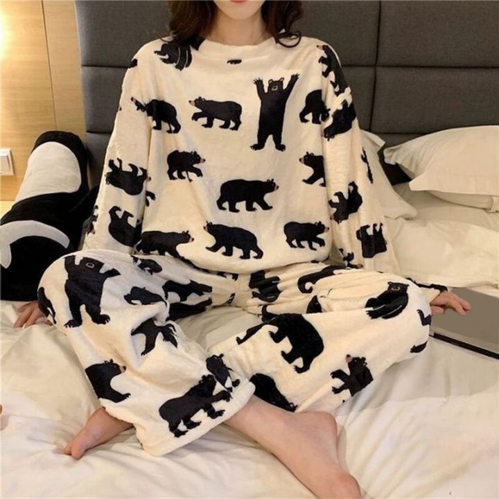 2022-winter-flannel-pyjamas-cartoon-long-sleeve-coral-fleece-warm-sleepwear-long-wear-women-pajamas-rabbit-cow-animal-pajamas