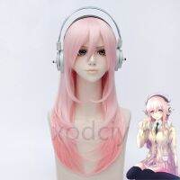 (Popular toys)Super Sonico Supersonico สีชมพูยาว60ซม.,ผมสีออมเบอร์ทนความร้อนได้วิกผมชุดคอสเพลย์ผู้หญิงชุดหูฟัง