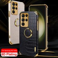 6D Plating Leather Cover For Samsung Galaxy S23 Ultra 5G Magnet Holder Ring Shockproof Coque SamsungS23 S 23 Plus S23Ultra Case