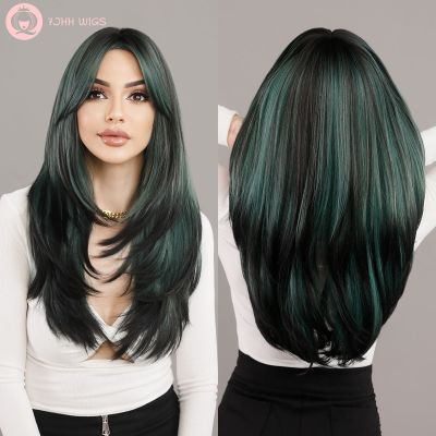【jw】♨♠❂  Straight Wigs with Curtain Bangs Layered Ombre Wig for Synthetic Density Hair End Dye