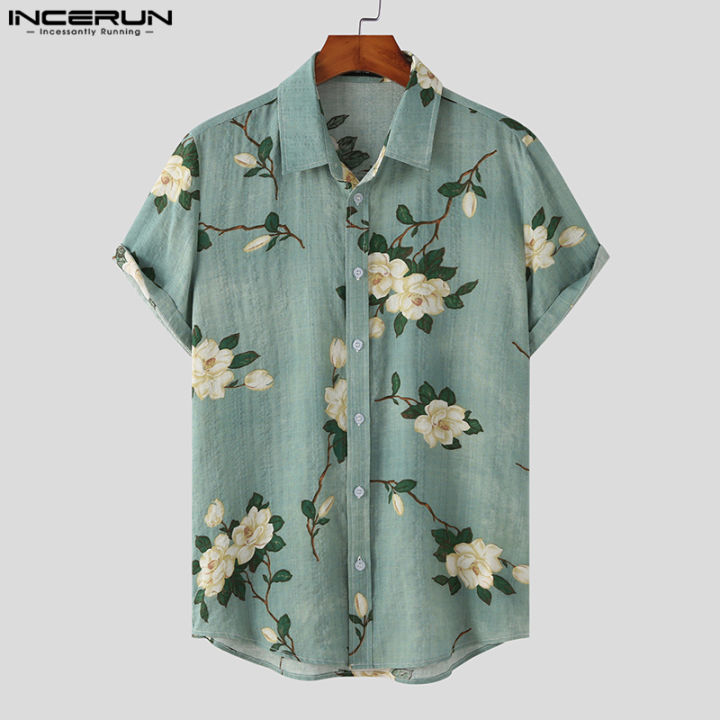 Incerun Mens Vintage Floral Shirt Short Sleeve Tops Holiday Beachwear Hippy Tee Top Cotton 