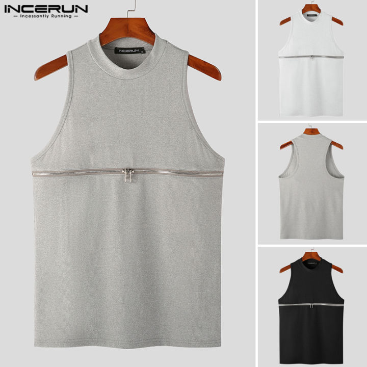 incerun-เสื้อมีซิปแขนกุดแนวพังค์สำหรับผู้ชายเสื้อเบลาส์แนวฮิปฮอปสำหรับปาร์ตี้เสื้อยืดคอกลมเสื้อแขนกุด
