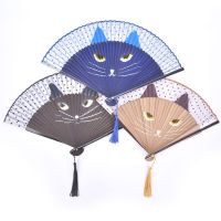 【CW】 Cat Cartoon Silk Fashionable Japan Style Hand Fans Popular Handheld Folding Fans New Spray painted Cat Head Japanese Wind