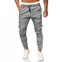 Mens slim fit ribbon Plaid print lanyard belt casual corset pants trousers men joggers gym clothing sweatpants