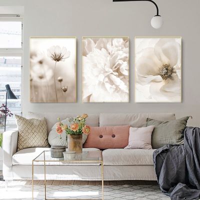 โมเดิร์นสีขาวดอกไม้เชลล์ชายหาดผนังศิลปะผ้าใบโปสเตอร์-ห้องนั่งเล่นที่สมบูรณ์แบบตกแต่งและตกแต่งบ้าน
