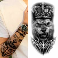 1pc Animal Lion Men Waterproof Temporary Tattoos Fake Stickers Arm Cool Art Big Hipster Black Cross Wings King Crown Ferocious