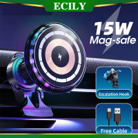 ECILY RGB ที่วางโทรศัพท์ในรถแม่เหล็กที่ชาร์จแบบไร้สายได้อย่างรวดเร็วติดรถยนต์พร้อมไฟ LED สำหรับ I-Phone 14 13 Pro Max Samsung สำหรับ Magsafe