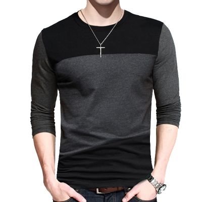 HOT11★BROWON Autumn Korean Men T Shirt Vintage Style Patchwork Black&amp;Gray O-Neck Long Tshirt Men Clothing 2023 Plus Size M-5XL
