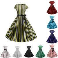 【Ladies shop】2022SummerWomen StripedPrint Roberokabilly Ruched Party Dressundress A-Line