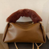 LEFTSIDE Pure Color Small Totes With Plush Handle  Winter New PU Leather Womens Designer Handbag Vintage Shoulder Bag