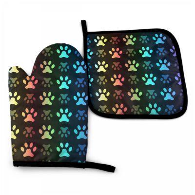 Colorful Dog Paw Oven Mitt and Pot holder Set Heat Resistant Non Slip Kitchen Gloves with Inner Cotton Layer for Cooking Baking
