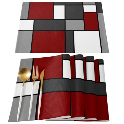 Deep Red Abstract Geometric Kitchen Dining Table Decor Accessories 4/6pcs Placemat Heat Resistant Linen Tableware Pads Mats