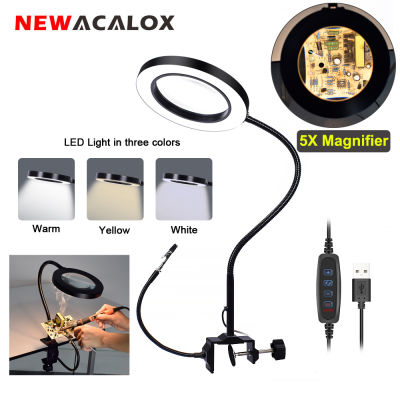 NEWACALOX Flexible Table Clamp Large Illuminated Magnifier Soldering Iron Holder 5X Magnifying Glass with LED Light Third Hand