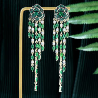 Jimbora New Fashion Shiny CZ Green Tassel Dangle Long Earrings For Women Wedding Bridal Jewelry Trendy Noble High Quality 2022