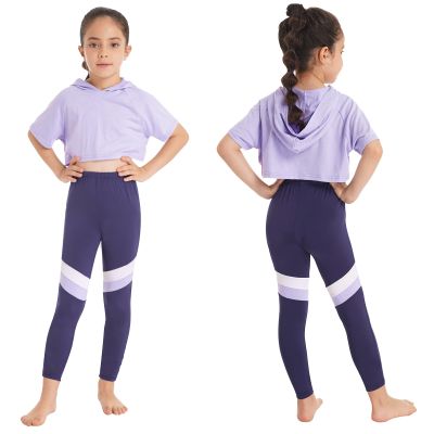 【CC】 Kids Sport Wear Workout Gymnastics Outfits Tracksuit Set Hoodie Crop Sweatshirt And Pants Leggings