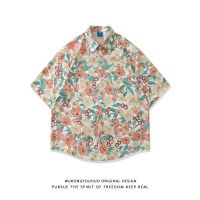 Summer trendy brand floral print short-sleeved shirt men and women retro loose couple casual all-match shirt 【BYUE】