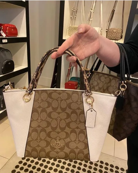 Coach (C8531) Kacey Light Khaki Chalk Signature Coated Canvas Convertible Top Zip Satchel Handbag