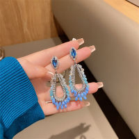 Yoiuimt 925 Silver Blue Crystal Hollow Water Drop Geometric Earrings Spring 2022 Sweet High-end Fashion Earrings Holiday Jewelry