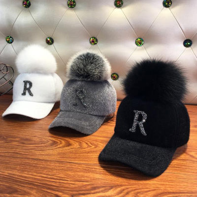 ใหม่หนาอบอุ่นหมวกเบสบอลจดหมาย rhinestone P ompom ฤดูหนาวฤดูใบไม้ร่วงของผู้หญิงหมวกเบสบอลสุภาพสตรีหมวกหญิงสาว htas.