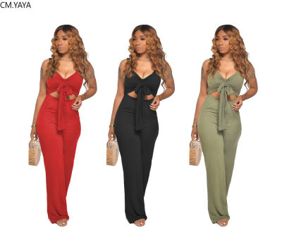 CM.YAYA Women Sexy Party Club Solid Tie Up V-neck Cut Out Waist Straight Jumpsuit One Piece Overall Romper Playsuit