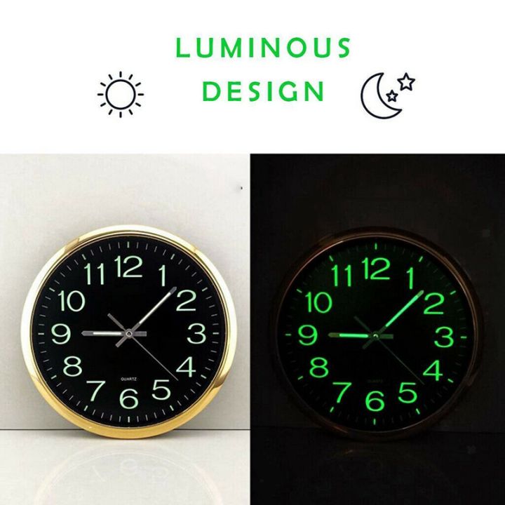 2x-12-inch-round-large-luminous-wall-clock-glow-in-the-dark-non-ticking-indoor-decor-golden