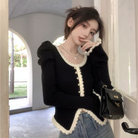 French Lace Color Contrast Short Sweater Womens Spring And Autumn Irregular Temperament Slim Fit Inner Wear Base Knitting Cardigan Top