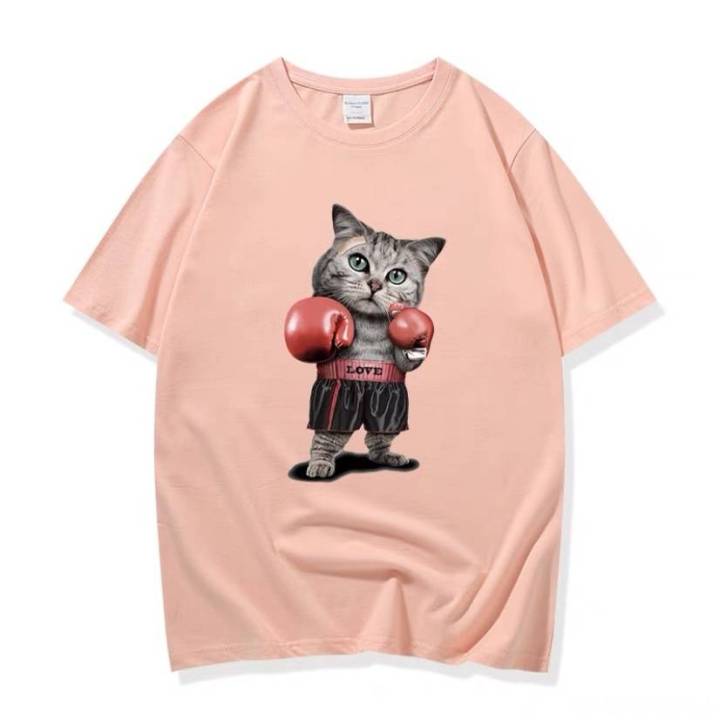fashionjeans-เสื้อยืด-คอกลม-แขนสั้น-ผ้านิ่ม-พิมพ์ลายแมวนักมวย-น่ารักๆ-สไตล์เกาหลี-9636