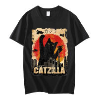 ญี่ปุ่นอะนิเมะ Vintage Catzilla มอนสเตอร์แมวแมวกราฟิกเสื้อยืดชายรอบคอผ้าฝ้าย T เสื้อแขนสั้น Tee เสื้อเสื้อ