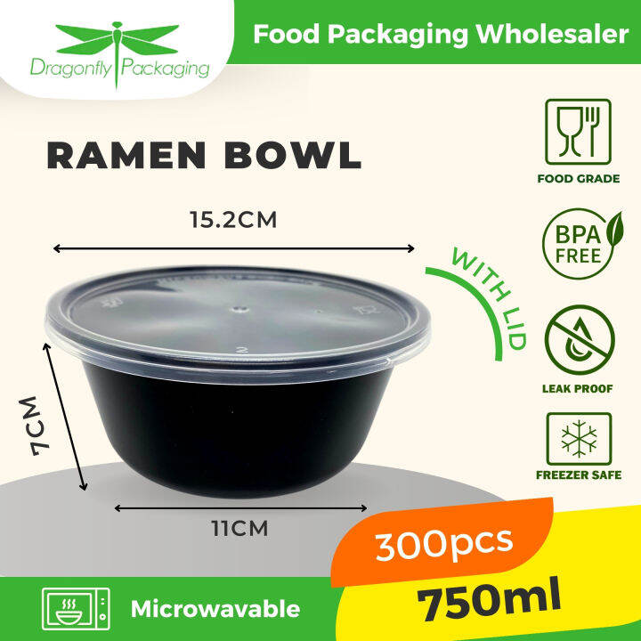 [Wholesale] Dragonfly 750ml Black Ramen Bowl with Lid x 300pcs Microwavable Soup Bowl, Plastic