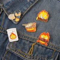 ♦ Artistic Design Calcifer Enamel Pin Cute Moving Flame Wood Fire Cartoon Lapel Clothes Hat Bag Metal Badge Jewelry