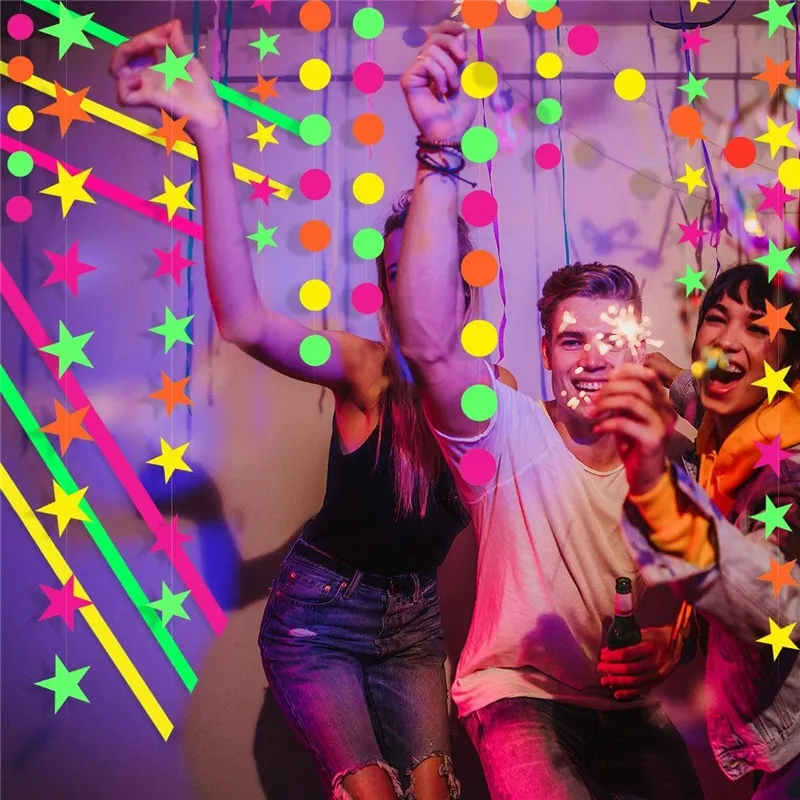 Fluorescent Garlands Circle Dots Star Neon Streamers UV Black Light  Reactive Glow Luminous Wedding Party Birthday Decorations