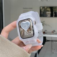 แถบใสสปอร์ตเกาหลี + เคสสำหรับนาฬิกา7 6 SE 5 4 3 2สายสายรัดสำหรับ Iwatch ซิลิโคนใส41มม. 45มม. 38มม. 40มม. 44มม. 42มม.