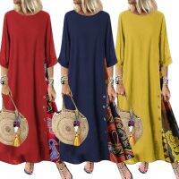 Loose Dresses Women Vintage O Neck 3/4 Sleeve Side Buttons Printed Mom Loose Long Dress Robe Femme Vestidos