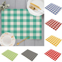 สีเขียวสดกริดขนาดเล็ก Placemats ผ้าลินินตารางเสื่อลายสก๊อตสีแดงที่เรียบง่ายทันสมัยตกแต่งห้องครัวห้องรับประทานอาหารเรขาคณิตแผ่นถ้วยรถไฟเหาะ