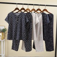 4XL Plus Size Printed Women Pajamas Short Sleeve Trousers Set Loose Pyjamas Polka Dot Nightwear