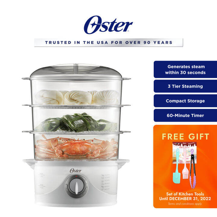Oster 3Layer Food Steamer 9L FREE Kitchen Tools (with Timer, Rice Bowl, and Nesting Trays