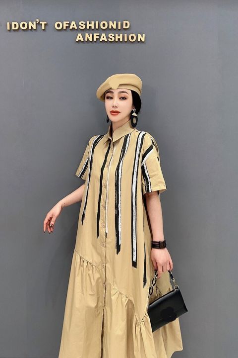 xitao-patchwork-casual-dress-woman-fashion-loose-turn-down-collar-short-sleeve-dress