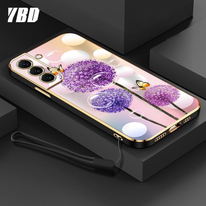 ybd-ใหม่ปลอกสำหรับ-samsung-s21-s22-s23-plus-s21-s22-s23-ultra-s21-fe-พิเศษเคสโทรศัพท์นิ่มชุบโครเมี่ยมสุดหรูเคสฟรีสายคล้องแบบดอกไม้ผีเสื้อสีสันสดใส