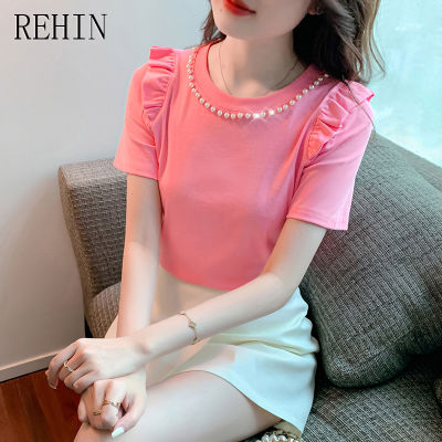 REHIN เสื้อยืดแขนสั้นสำหรับผู้หญิง,เสื้อทีเชิ้ตแขนสั้นผ้าคอตตอนสีชมพูมีเอกลักษณ์เสื้ออเนกประสงค์สำหรับฤดูร้อน