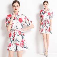 Womens two-piece sleek loose oversized positioning print shirt collar jumpsuit