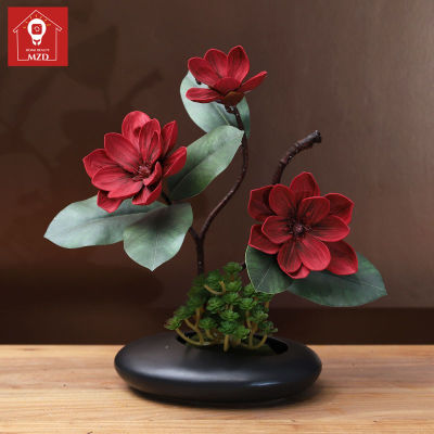 MZD【Flower Set + Tabletop Ceramics Vase】Chinese Magnolia Flower Set Ceramic Vase Decoration Living Room Dining Table Decoration Flower Holiday Party Decoration