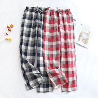 Japanese 2023 spring and autumn couple trousers cotton double gauze mens and womens pants plus size plaid home pajama pants